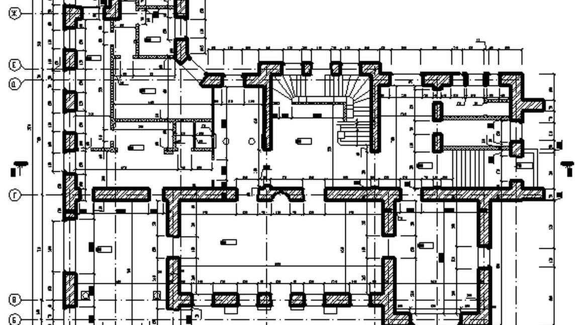 Обмерные работы. Обмерочный чертеж 1-го этажа здания культурного центра. Выполнен для возможности проведения дальнейшей реконструкции.
