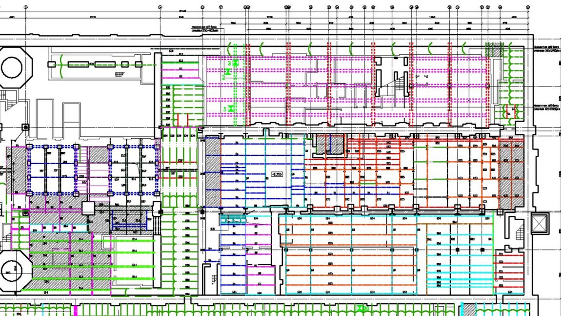 Фрагмент плана перекрытия здания ГЭС-2 на Болотной набережной. Обмерные работы выполнены в ходе комплексного обследования с целью реконструкции здания в музей современного искусства