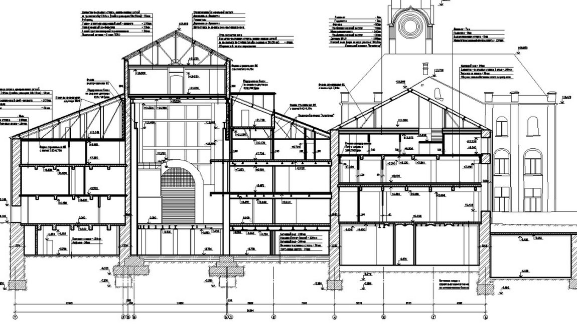 Поперечный разрез реконструируемого здания Loft-квартала Даниловская мануфактура